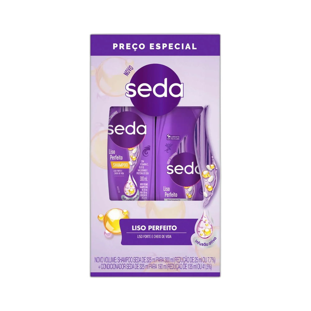 Kit Seda Shampoo 300ml + Condicionador 190ml Liso Perfeito com embalagem roxa e detalhes em branco e amarelo